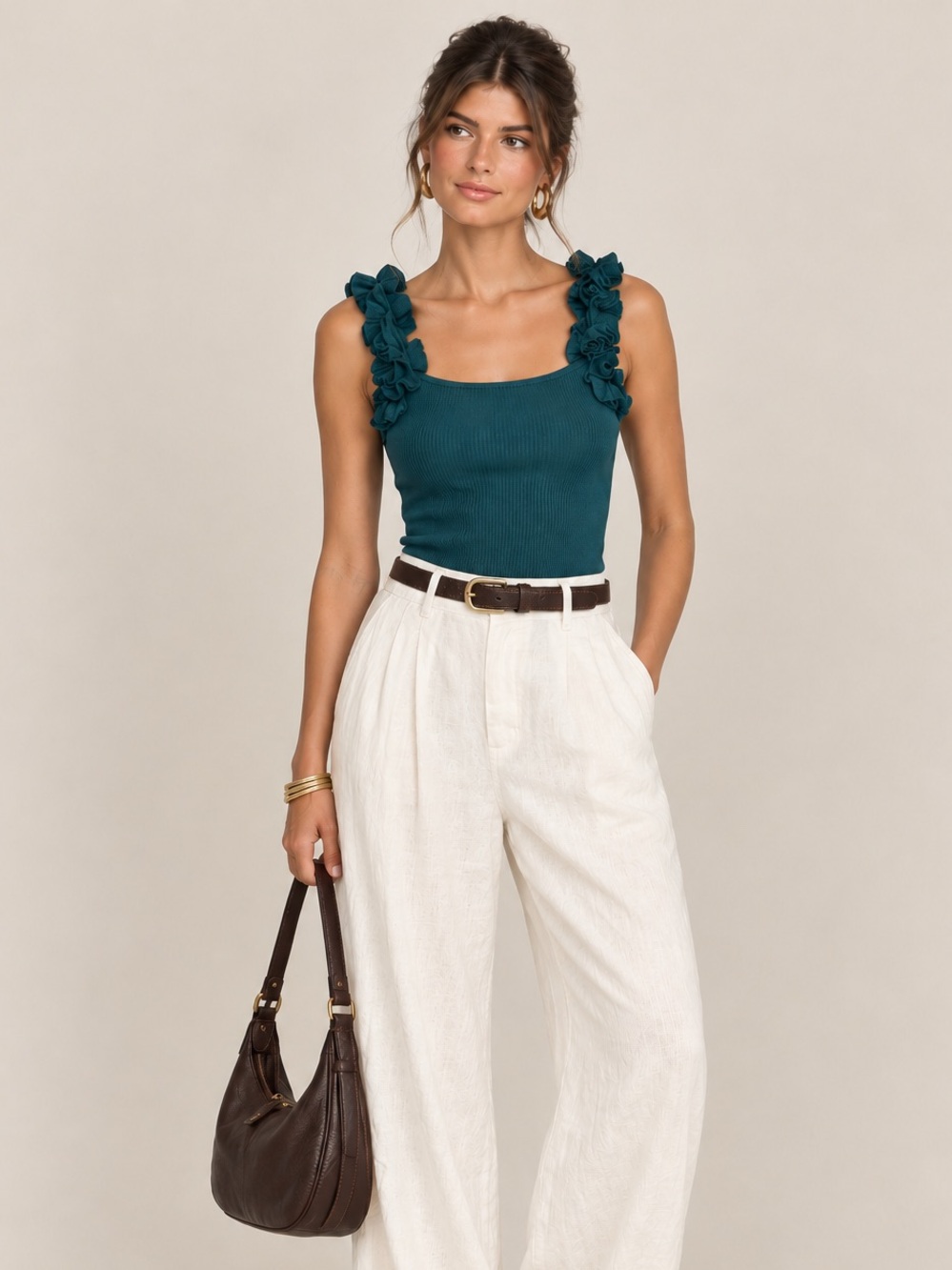 Camila Coehlo by Revolve Sleeveless Teal Ruffle Strap Ribbed Top